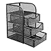 Qiilu Desk Organizer and Supplies Storage - Metal Mesh Organizer with 3 Drawers for Desk - Stylish Black Desktop Accessory
