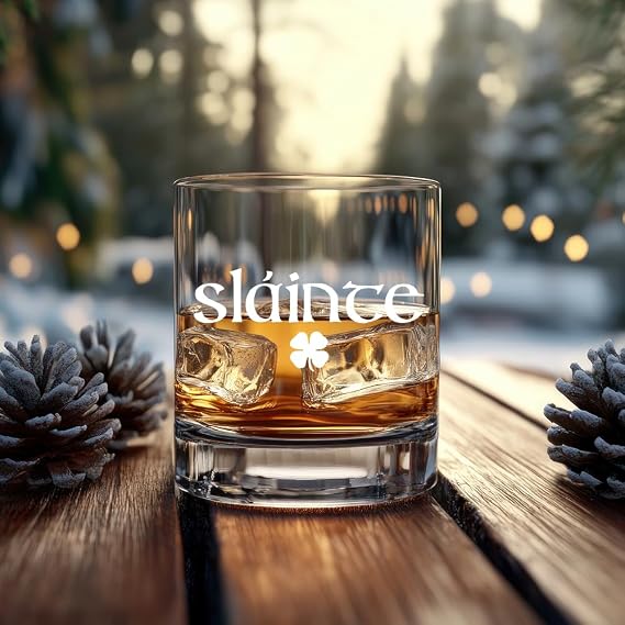 Funny Slainte Irish Wishkey Glass Gifts for Irish Men,Scottish Birthday Gifts for Men Dad Friend, Clover Leave Whishkey Glass Gift for St Patrick's Day,Birthday,St Pattys Party Decorations