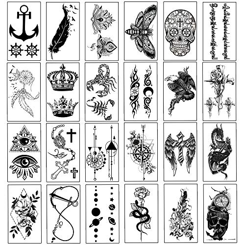 Yazhiji 32 Sheets Temporary Tattoos Stickers, 8 Sheets Fake Body Arm Chest Shoulder Tattoos For Men Women With 24 Sheets Tiny Black Temporary Tattoos #TOP5