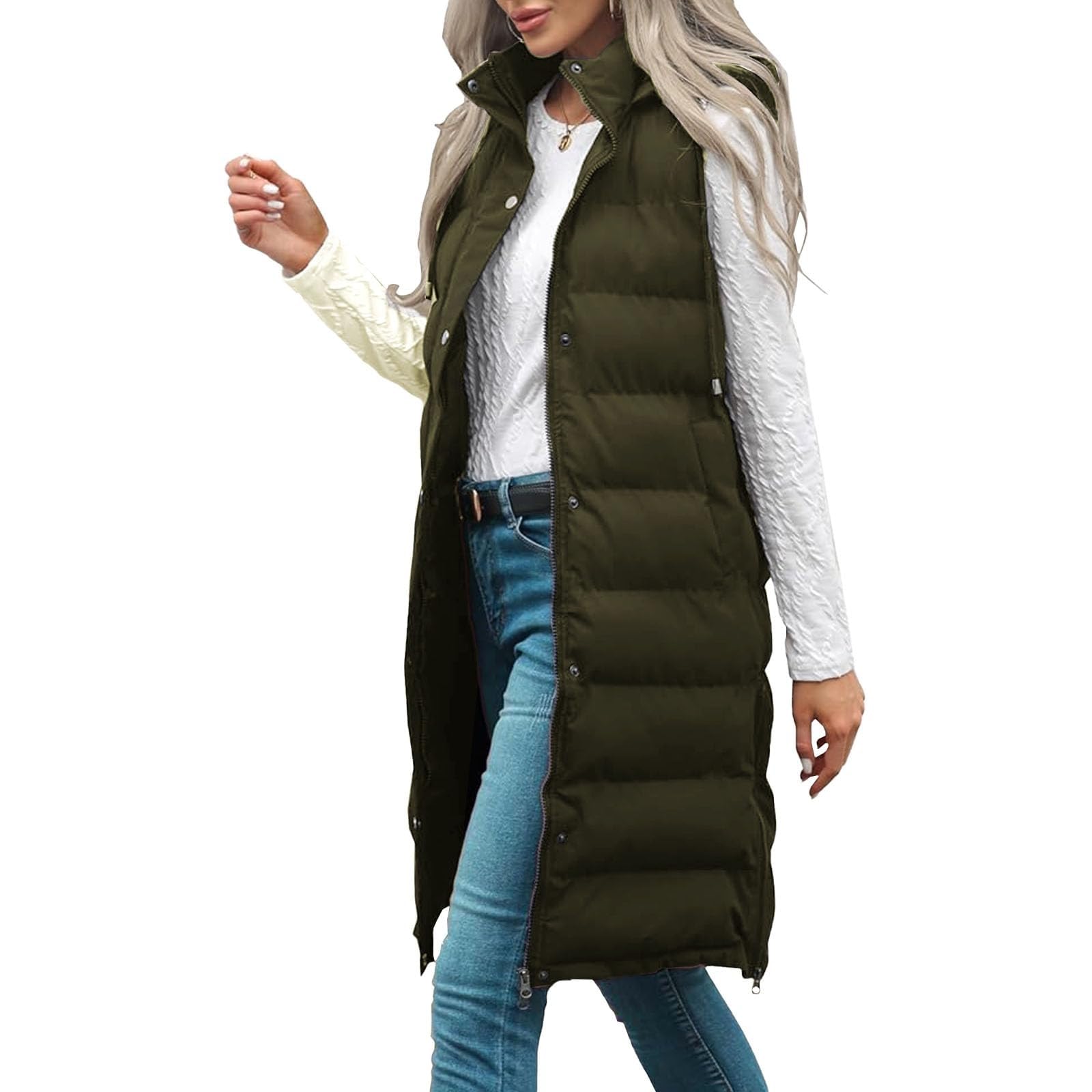 Chaleco largo sin mangas con cremallera para mujer, chaleco largo acolchado con capucha para mujer, chalecos gruesos de color sólido, chalecos clásicos de moda, cómodos y térmicos, chaquetas sin