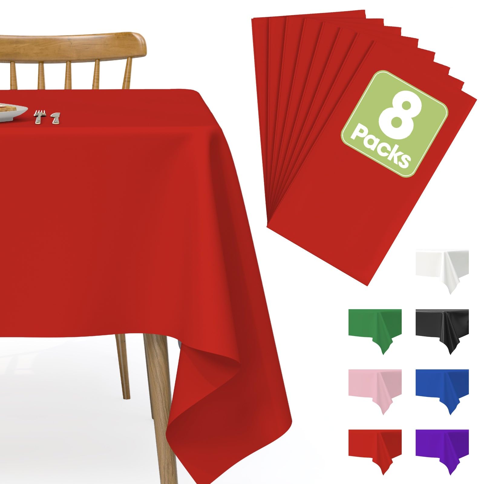 Pureegg Plastic Table Cloth Disposable 8 Pack, 54 x 108 Inch Table Cloths, Valentines Day, Thanksgiving, Christmas Decorations, Fall Tablecloths, Rectangle, Plastic Cover, Leakproof & Sturdy, Red