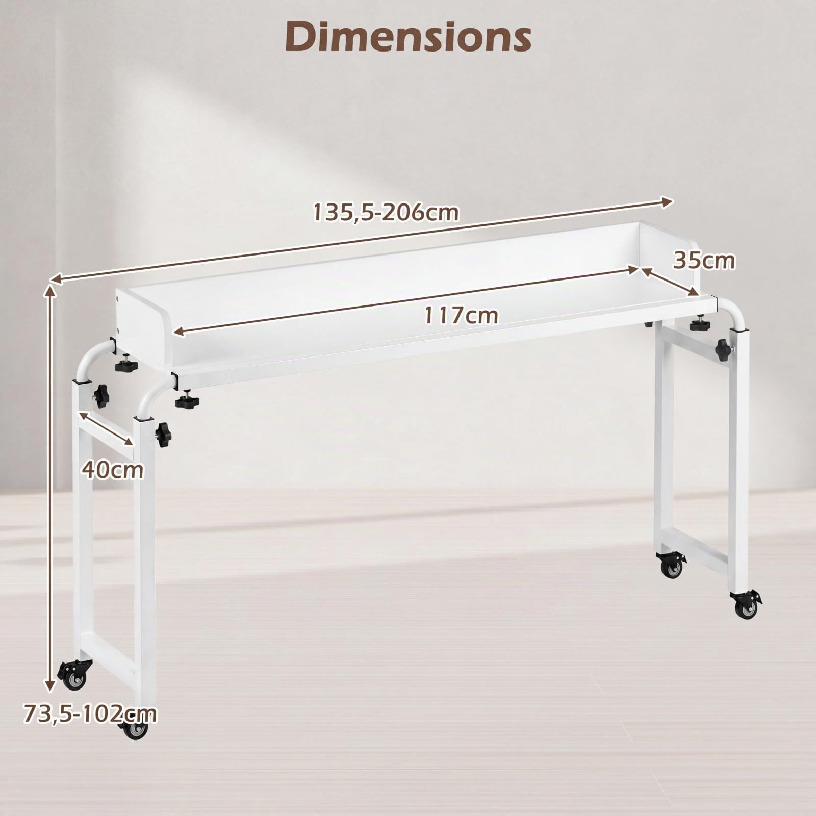 COSTWAY Table de lit Roulant, Bureau Mobile au-Dessus du Lit Hauteur(73,5 à 102 cm) et Longueur(135,5 à 206 cm) Réglable, Table d'appoint pour Ordinateur, pour Chambre, Canapé, Hôpital (Blanc)