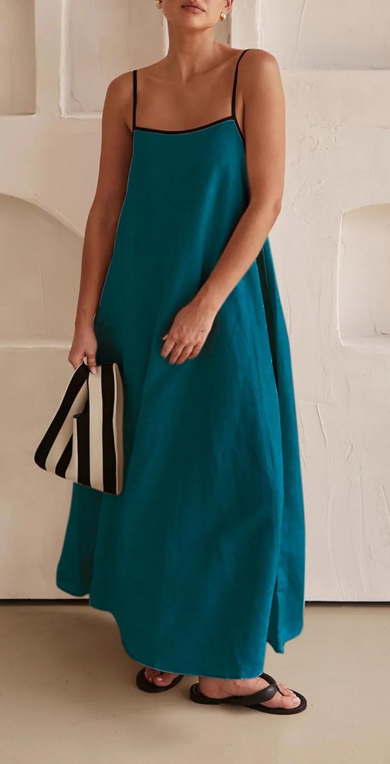 CHARTOU Women Summer Spaghetti Straps Linen Sleeveless Maxi Long Flowy Dress - Image 2
