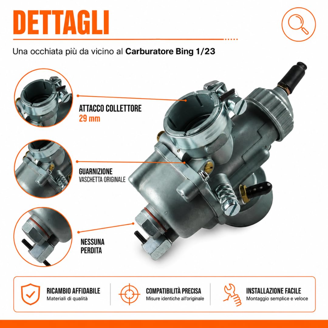 Carburatore 23 per Motozappa 2 Tempi - Compatibile con Motore Jlo 197 Beta B 205-210 - Attacco Collettore 29 mm - Attacco Filtro Aria 35.75 mm