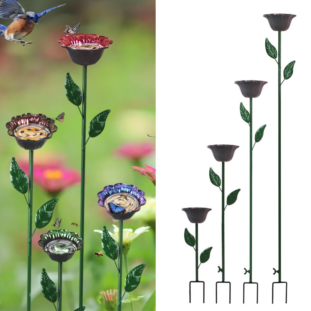DREAMSOUL 4 Pack Bird Bath with Bee Feeder, Metal Flower Bird Baths Be