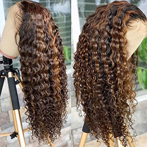 Bly Highlight Human Hair Lace Front Wigs Deep Wave #4/27 Ombre Colored Glueless Wigs Pre Plucked 16 Inch 4X4 Transparent Curly Water Wave Lace Wig Honey Blonde Real Human Hair 180% Density #TOP1