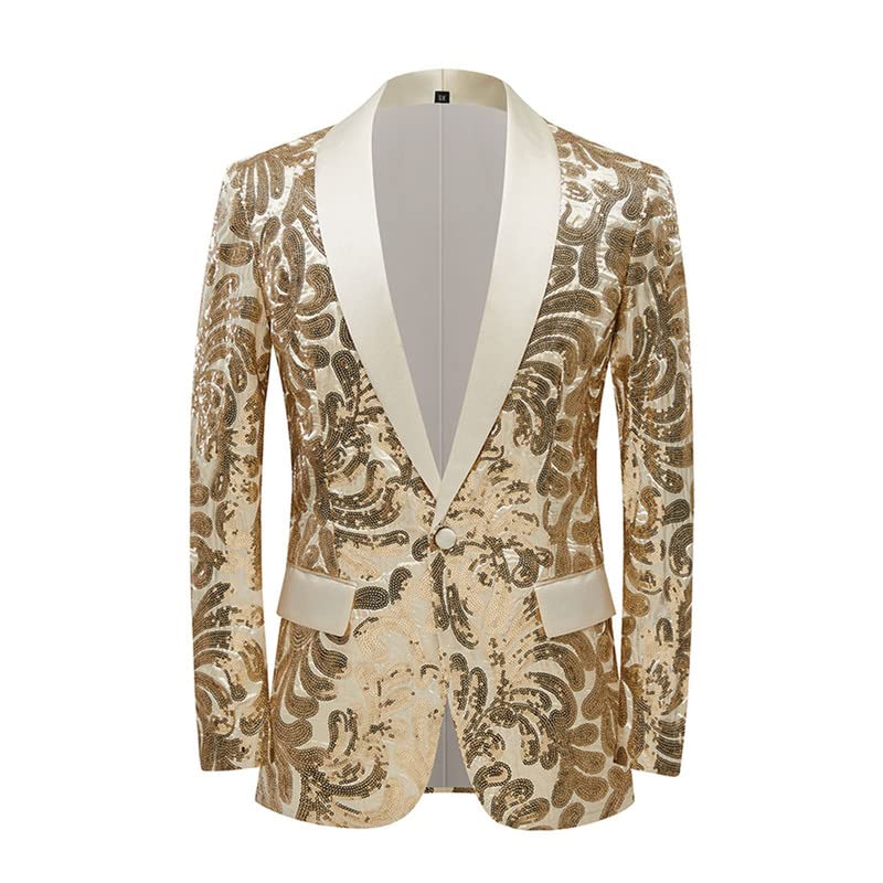 Mens Sequin Floral Suit Jackets Satin Shawl Lapel Tux Jackets Slim Fit Blazers for Wedding,Party