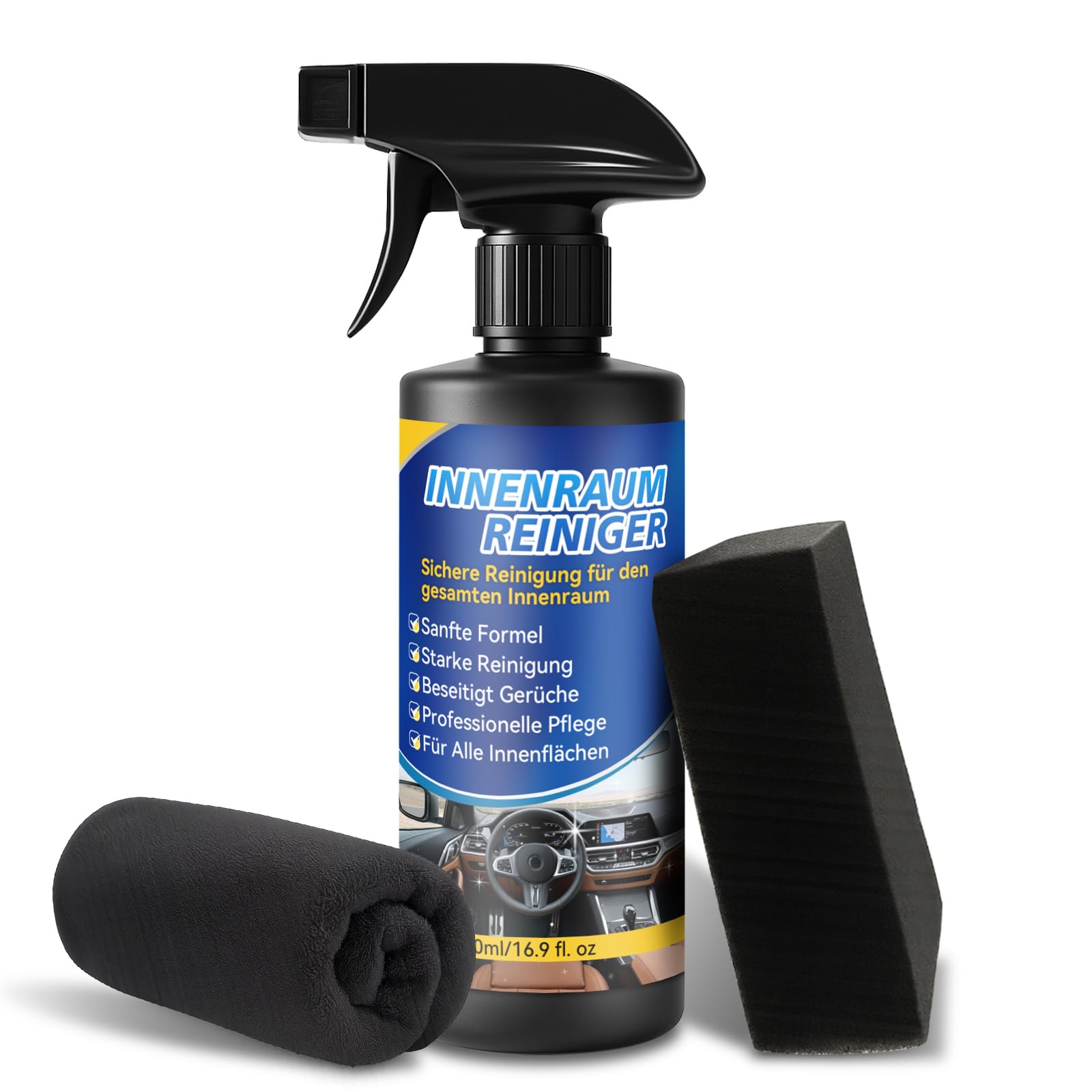 Pulizia Auto Interni da 500ml, Contenente Panno in Microfibra e Spugna, Pulizia Interni Auto per Pelle, Plastica, Tessuti, Sedili, Cruscotto e Altre Superfici Interne, Manutenzione di Lunga Durata