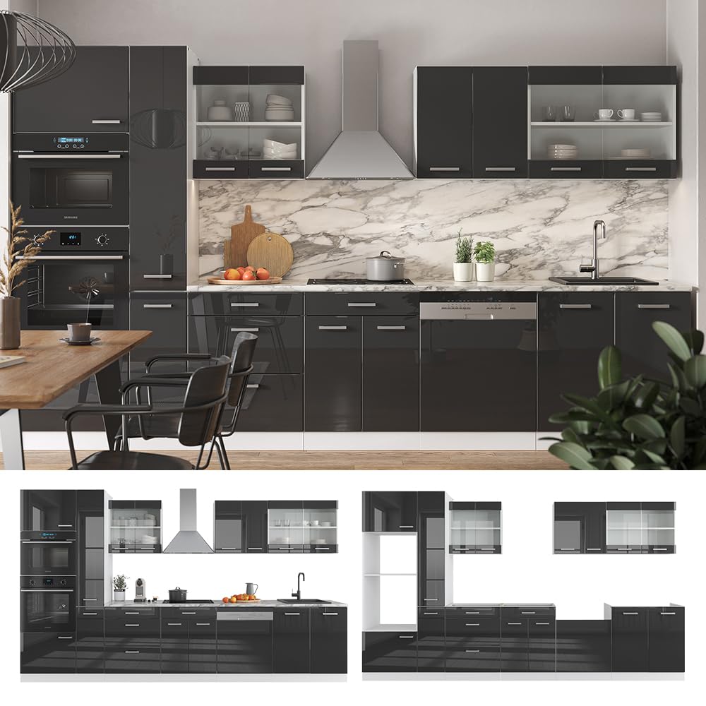 Vicco Cucina componibile R-Line, Antracite lucido/bianco, 350 cm con armadio alto, senza piano di lavoro, adatto per disposizione e ampliamento personalizzati