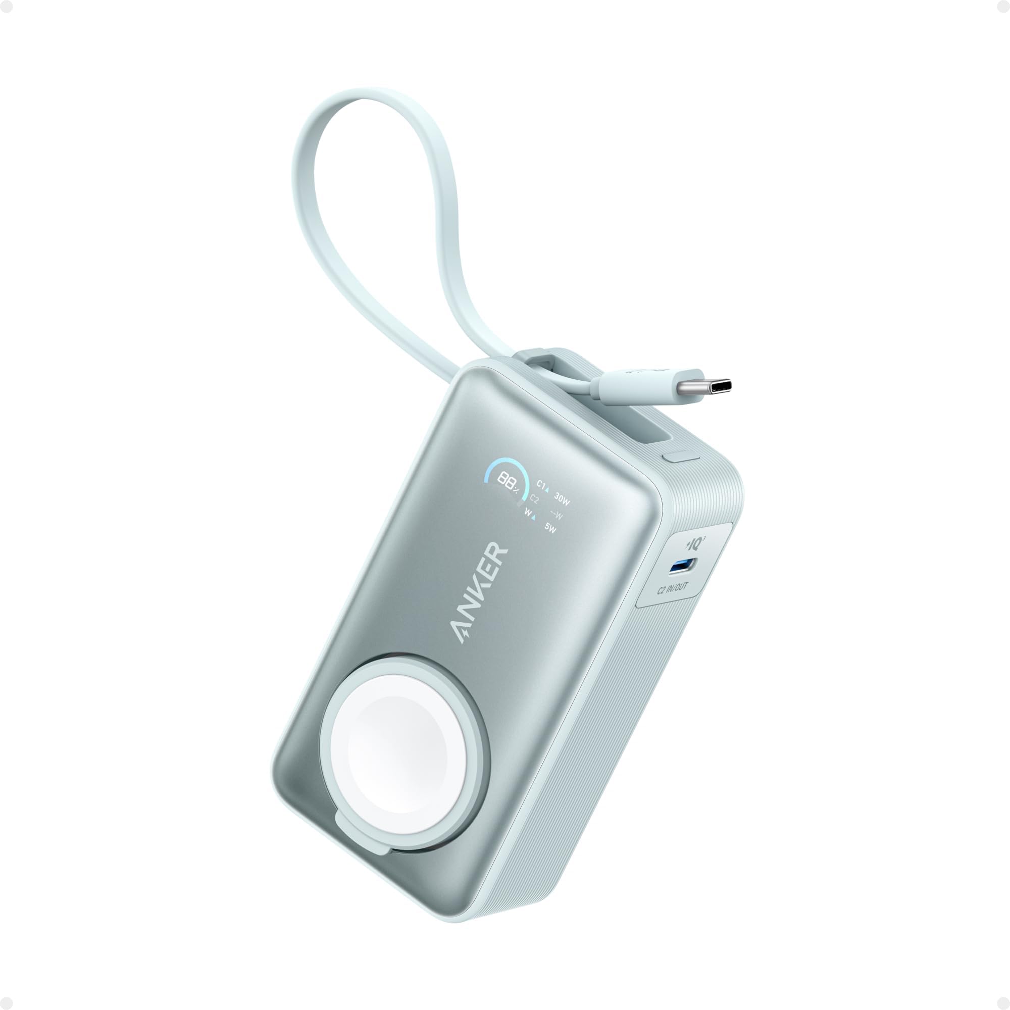 Anker MagGo Power Bank for Apple Watch, Officially Certified 10,000mAh Compact Battery Pack with Built-in USB-C Cable, 35W Max, for iPhone 15 Series, Samsung, iPad, AirPods, and More(Green)