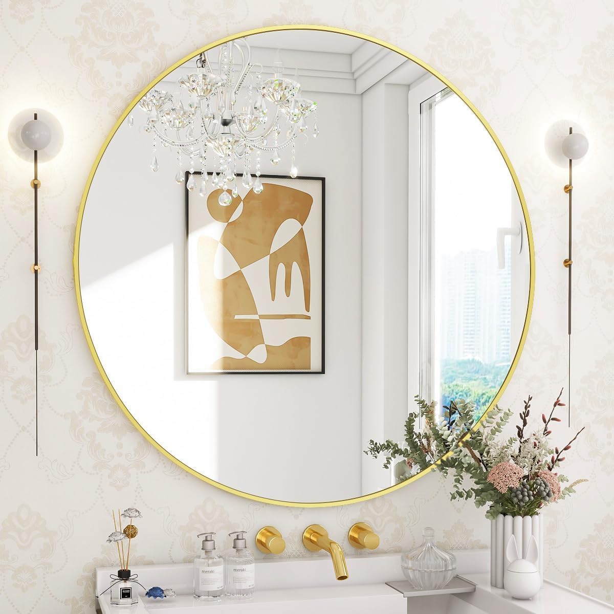 The Artment your artistic apartment Decorative Orbit Round Shape Wall Mirror with Frame for Living Room | Bathroom | Hall | Home Decor with Hanging Stripes (Gold Frame, 16 Inch)