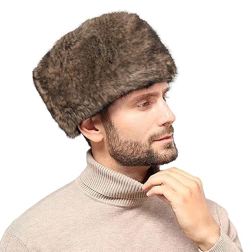 Unisex Russian Ushanka Cossack Trapper Hat Faux Rabbit Fur Trooper Hat Fuzzy Furry Hunting Cap Winter Outdoor Warm Skiing Cap - One Size - Brown