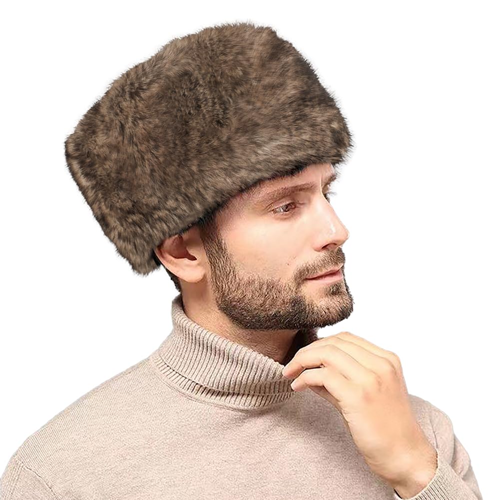Unisex Russian Ushanka Cossack Trapper Hat Faux Rabbit Fur Trooper Hat Fuzzy Furry Hunting Cap Winter Outdoor Warm Skiing Cap Brown