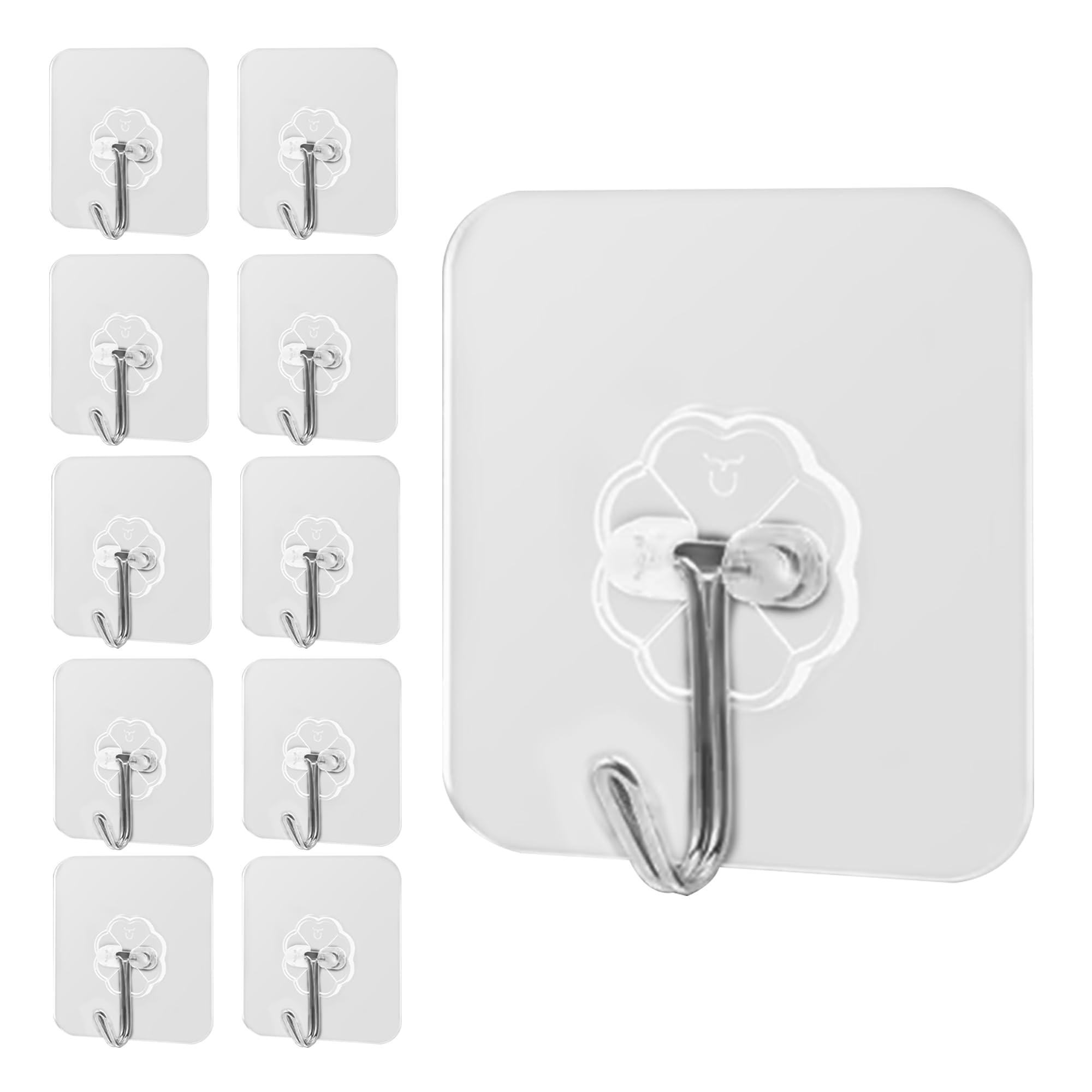 Heavy Duty 6x6cm Adhesive Wall Hooks – 10 Pack, 22 lb Capacity, Hooks for Walls no Damage, Towel Hooks for Bathrooms, Room Organization