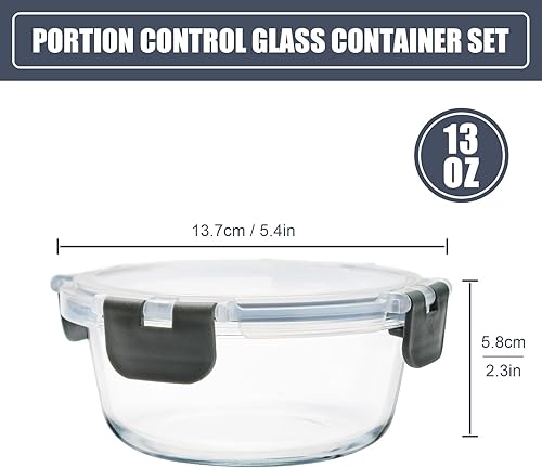 Miniatura 2 de Paquete de 6 recipientes de vidrio de 13 onzas, pequeños recipientes redondos de almacenamiento de alimentos de vidrio con tapas a prueba de fugas