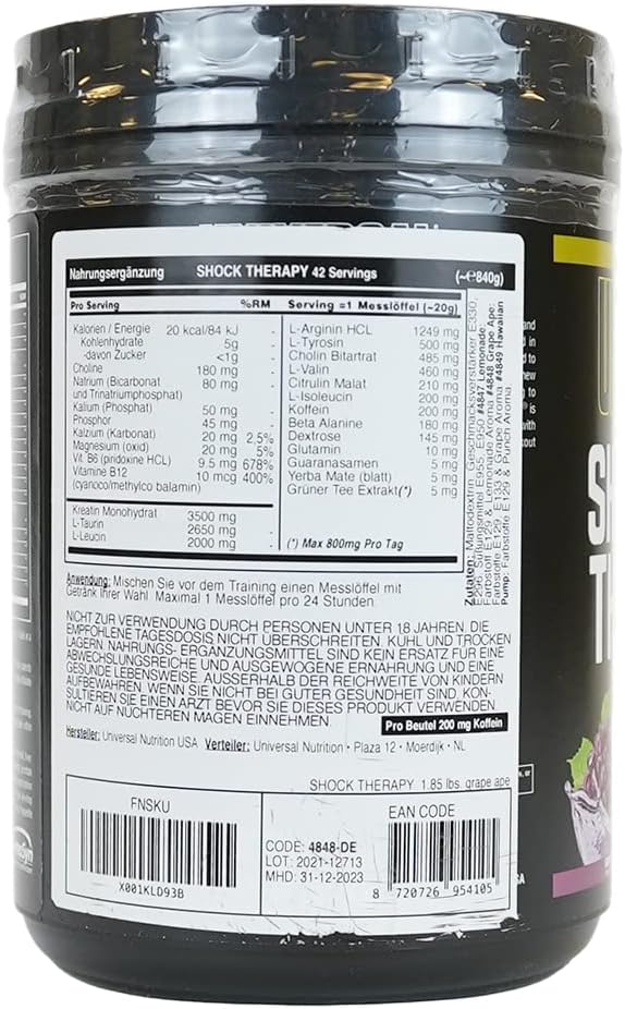 Universal Nutrition Shock Therapy Pre-Workout Pump & Energy Supplement, with BCAA complex, Creatine, and Electrolytes - Grape - 42 Servings
