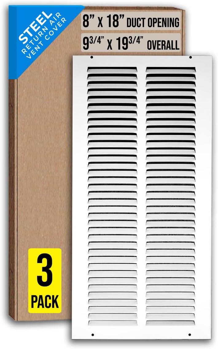 [3 Pack] Fits 8x18 Duct Opening | Steel Return Air Grille by Handua | Vent Cover Grill for Sidewall and Ceiling | White | HVAC Cold Air Intake Grille | Outer Dimensions: 9.75"W X 19.75"