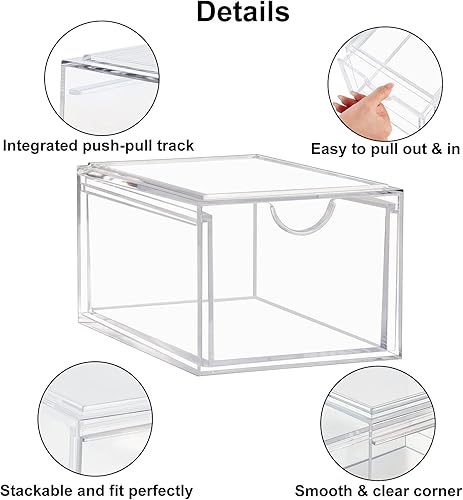 Miniatura 4 de Boxalls Paquete de 2 cajones de almacenamiento apilables de acrílico, organizador de maquillaje, 20% más grueso, transparente, organizadores de baño