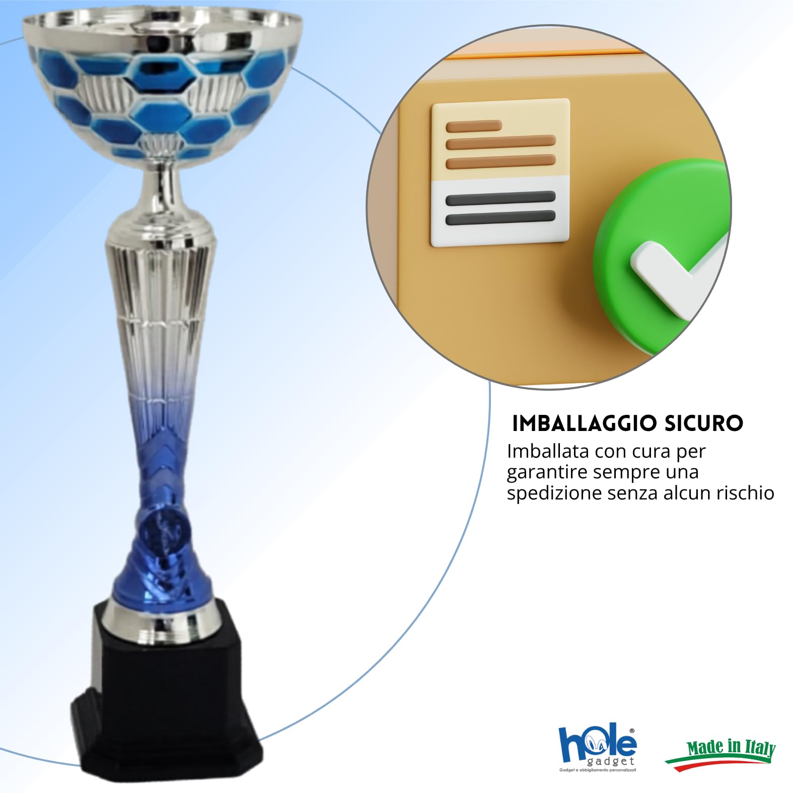 Coppa Trofeo Premiazione Personalizzata, Argento e Blu, Metallo, con Targhetta Stampata Inclusa, Varie Misure per Calcio, Fantacalcio, Eventi Sportivi, Padel, Basket, Sport.