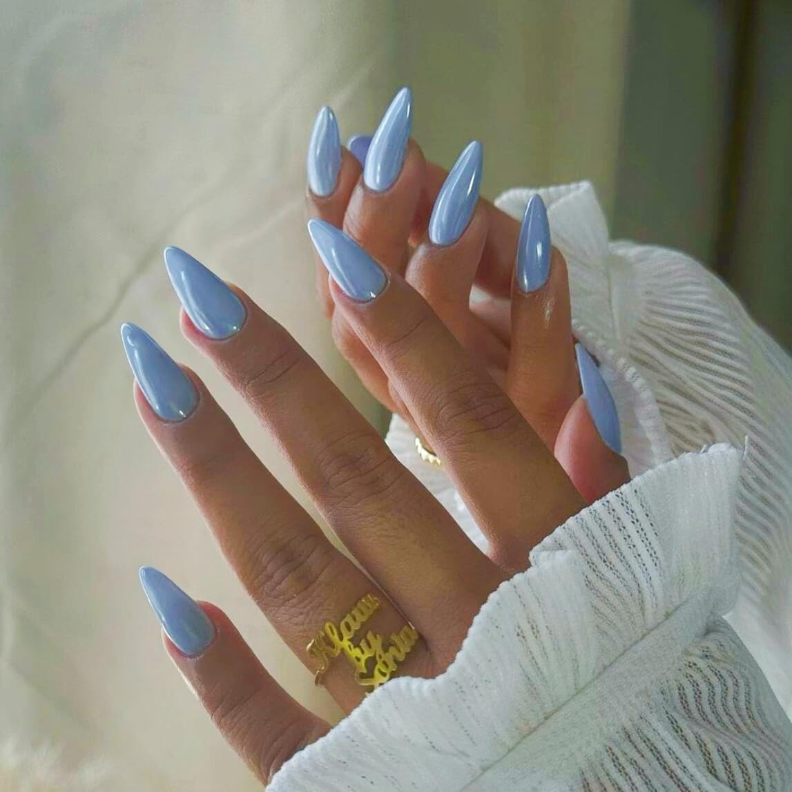 Chrome Light Blue False Nails Almond, SXVME Chrome Press On Nails Medium, Glazed Gel Finish, Sparkly Fake Nails Press on
