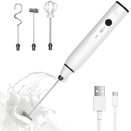 Milk Frother Rechargeable Handheld Electric Whisk Coffee Frother Mixer with 3 Stainless whisks 3 Speed Adjustable Foam Maker Blender for Coffee Matcha Latte Cappuccino Hot Chocolate(White)
