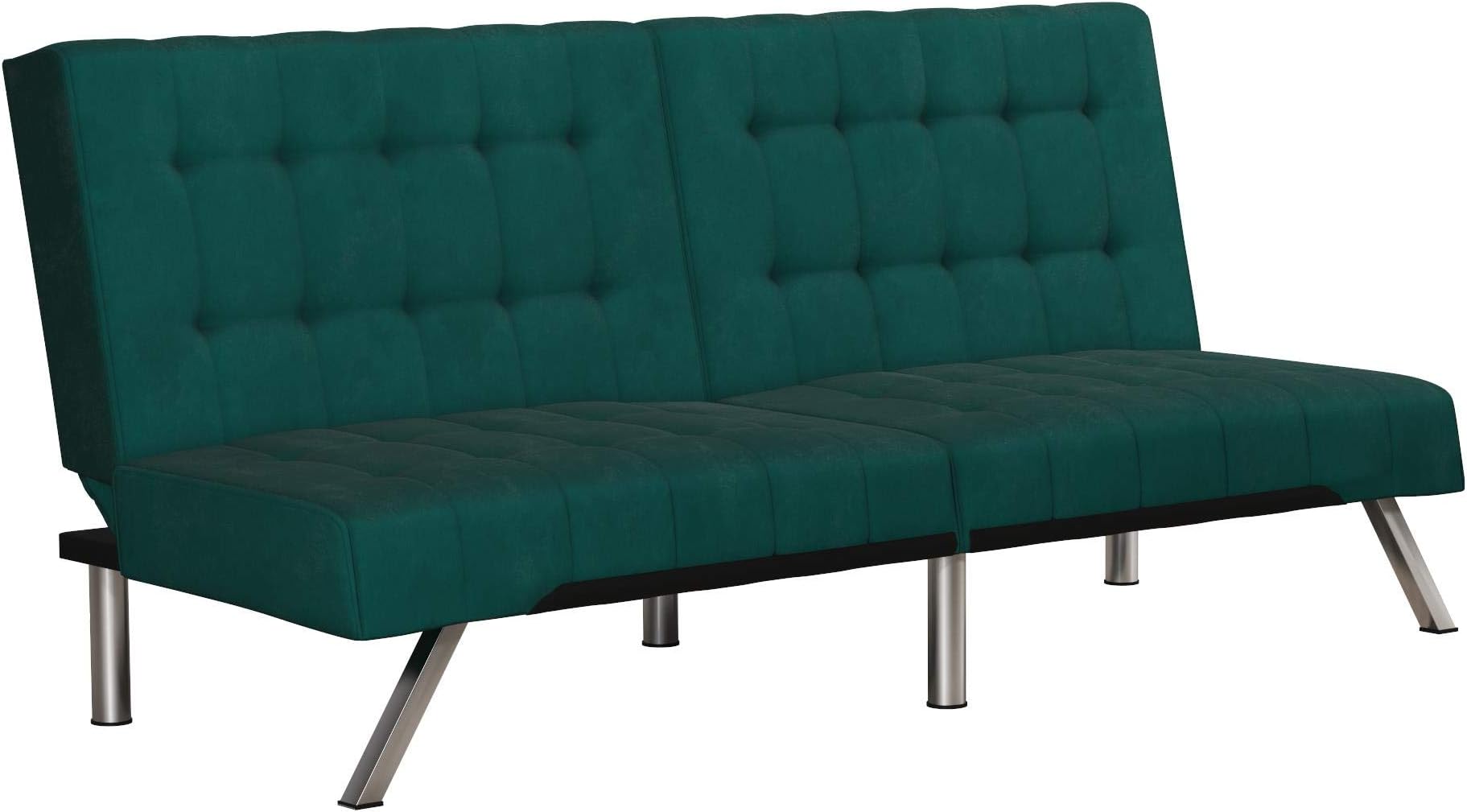 DHP Emily 71 Inch Futon Sofa Bed in Velvet Fabric, Armless Upholstered Couch Sleeper with Tufted Back and Seat, Mid-Century Modern, Green