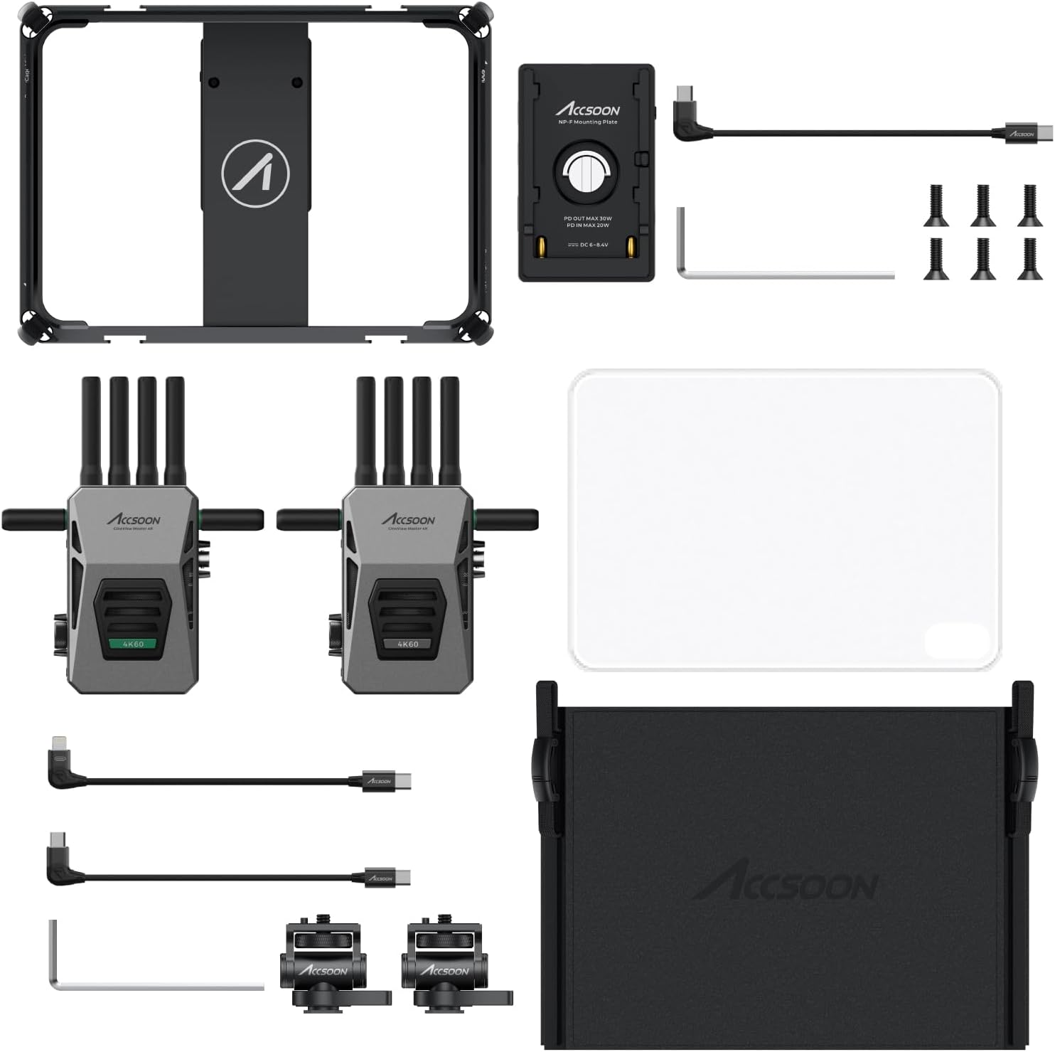 Accsoon CineView Master 4K Wireless Video Transmission System with PowerCage Mini Video Stabilizer for iPad mini 6/Mini 7(A17 Pro) with NP-F Battery Plate Adapter& Sun Hood