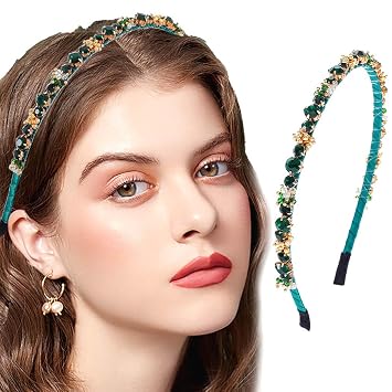 Green Thin Rhinestone Headbands Gold Beaded Woven Hair Band Retro Crystal Hair Accessories For Women And Girls
