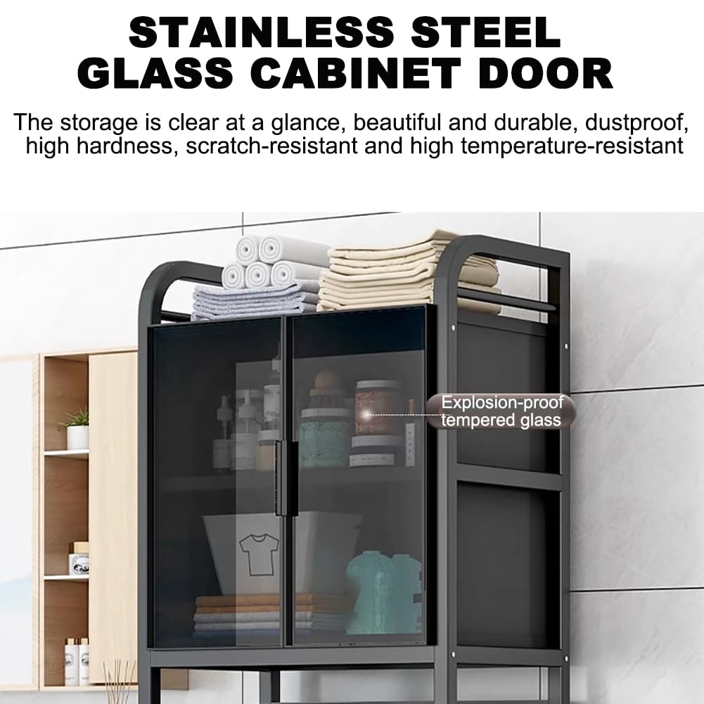 Estante de almacenamiento de baño con puerta de armario de cristal, 4 niveles, unidad de almacenamiento grande de hierro para baño, estante de almacenamiento multifuncional, color negro, largo 70 cm