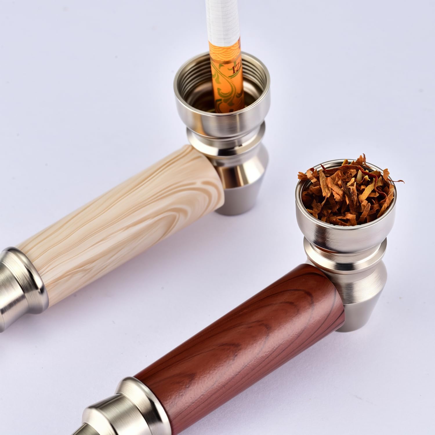 Tobacco Pipe Set,2pcs Realistic Wood Grain Tobacco Pipes with Cleaner Tamper Tool and Storage Jar