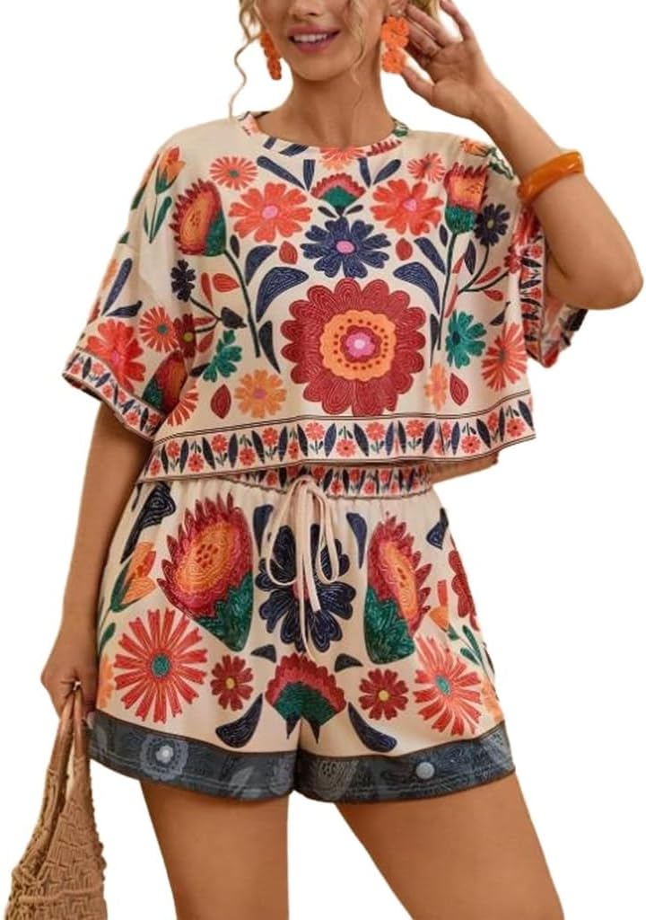 THLAI Women 2 Piece Outfits Tropiacl Print Short Sleeve Crop Top and Drawstring Shorts Set Vacation Outfits Loungewear