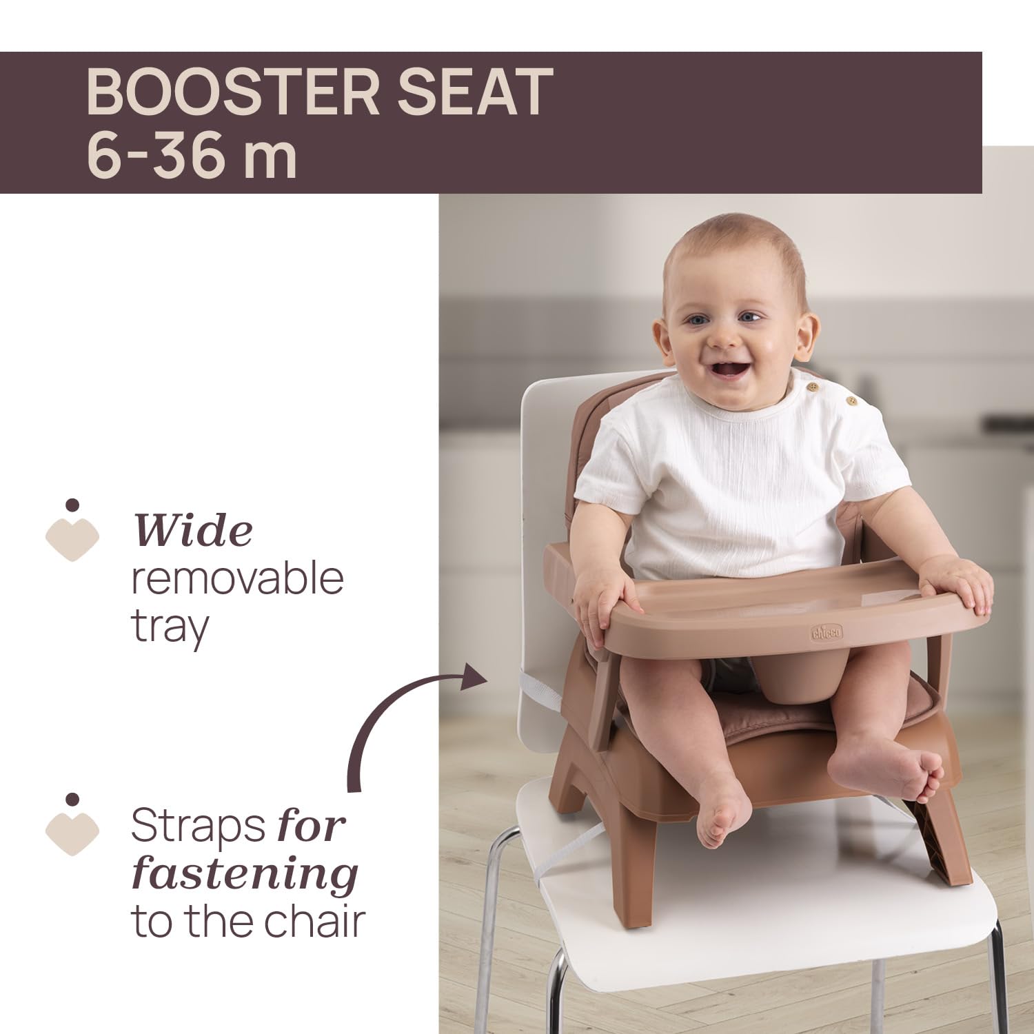 Chicco Bento Rehausseur de Chaise pour Enfants, 6-36 Mois, Siège Repas Rehausseur de Table, Portable, Hauteur Réglable, Plateau Amovible, Fermeture Compacte, Coussin Doux Amovible, Lavable en Machine