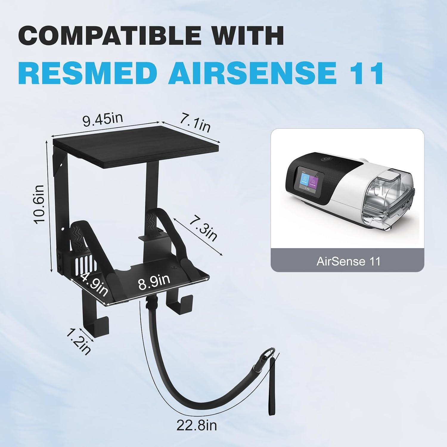 upgraded cpap shelf wall mount, 2-tier organizer for resmed airsense 11 | with adjustable cpap hose holder & mask hook, avoid hose entanglement, black