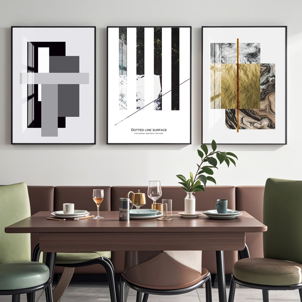 Modern Abstract Framed Wall Art Set of 3 Pieces Geometric Bright Canvas Prints Wall Decor, Black White and Gold Square Stripe Home Decorations 16“X 24”