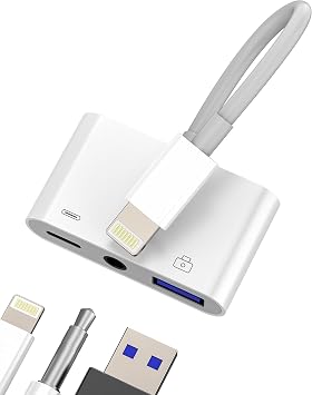 Lightning 3.5mm USB Adapter 3-in-1 for iPhone 14 13 12 11 Pro Max Port Headphone Jack Charging Port for iPad Keyboard Mouse Flash Drive AUX Audio Splitter Cable Connector Earphones Adaptor
