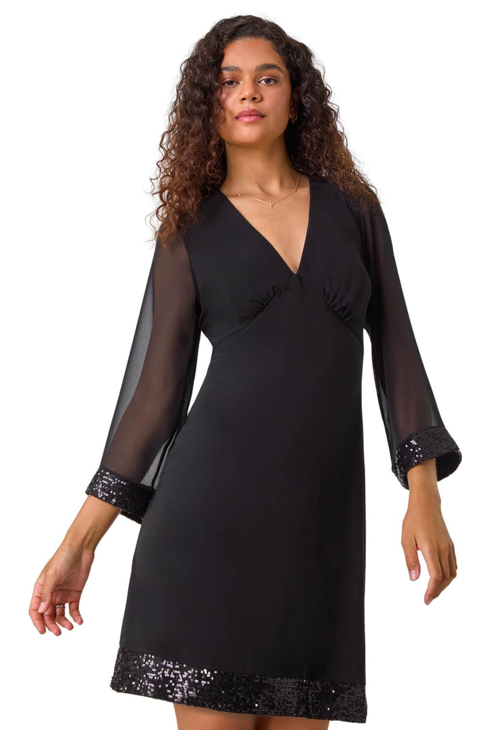 Roman Originals Women's Black Contrast Sequin Cuff Dress For Uk - Everyday Autumn Winter V-Neckline Comfy Soft Evening Vacation Work Party Night Out - Size 20
