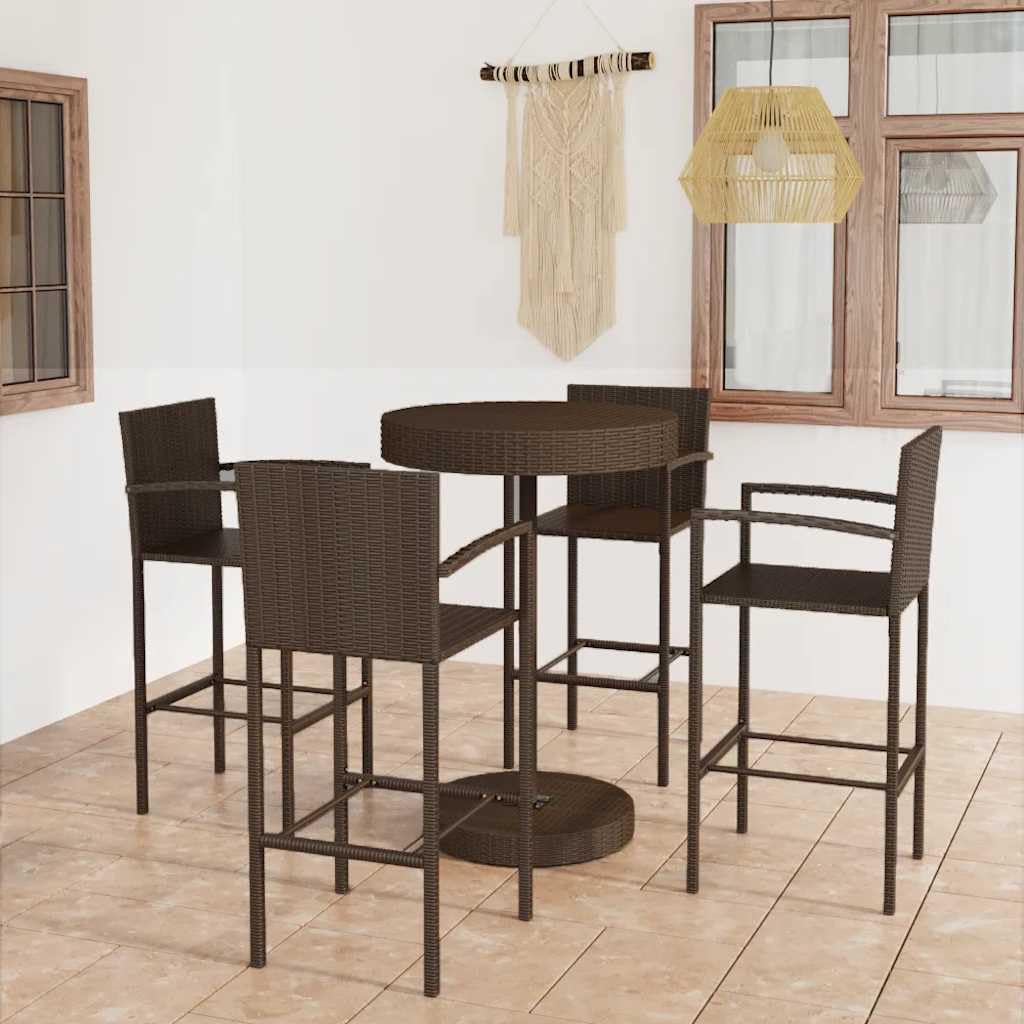 Table bar de jardin ronde marron avec 4 tabourets hauts en rotin synthétique