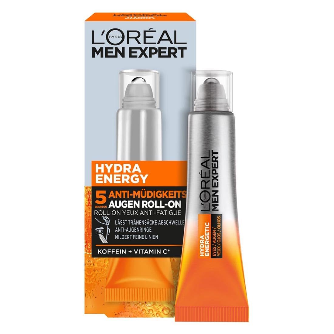 L'Oréal Men Expert Augen Roll-On gegen müde Haut für Männer, Belebende Augenpflege gegen Falten und Augenringe, Herren Feuchtigkeitspflege mit Vitamin C und Koffein, Hydra Energy, 1 x 10 ml