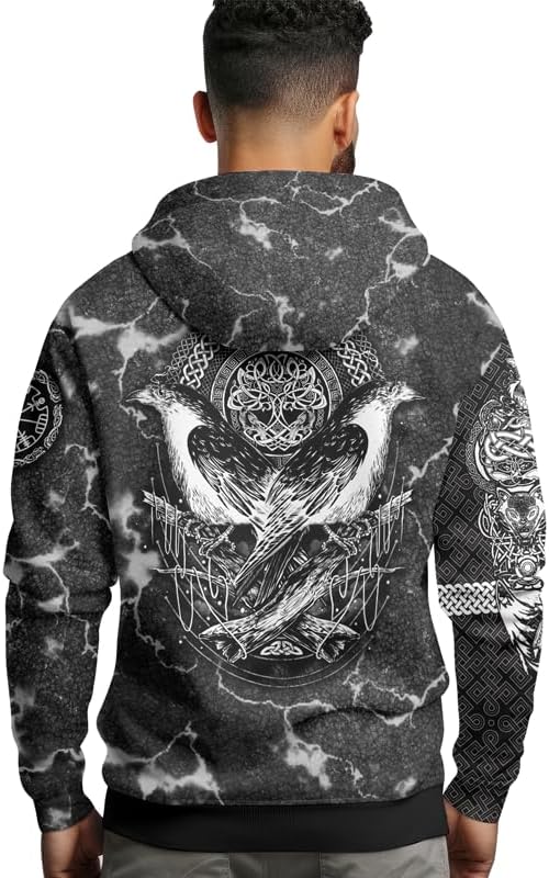 Viking Tatoo Hoodie Men’s Long Sleeve Graphic 3D Print Pullover Hooded Viking Apparel Sweashirt Hoodies