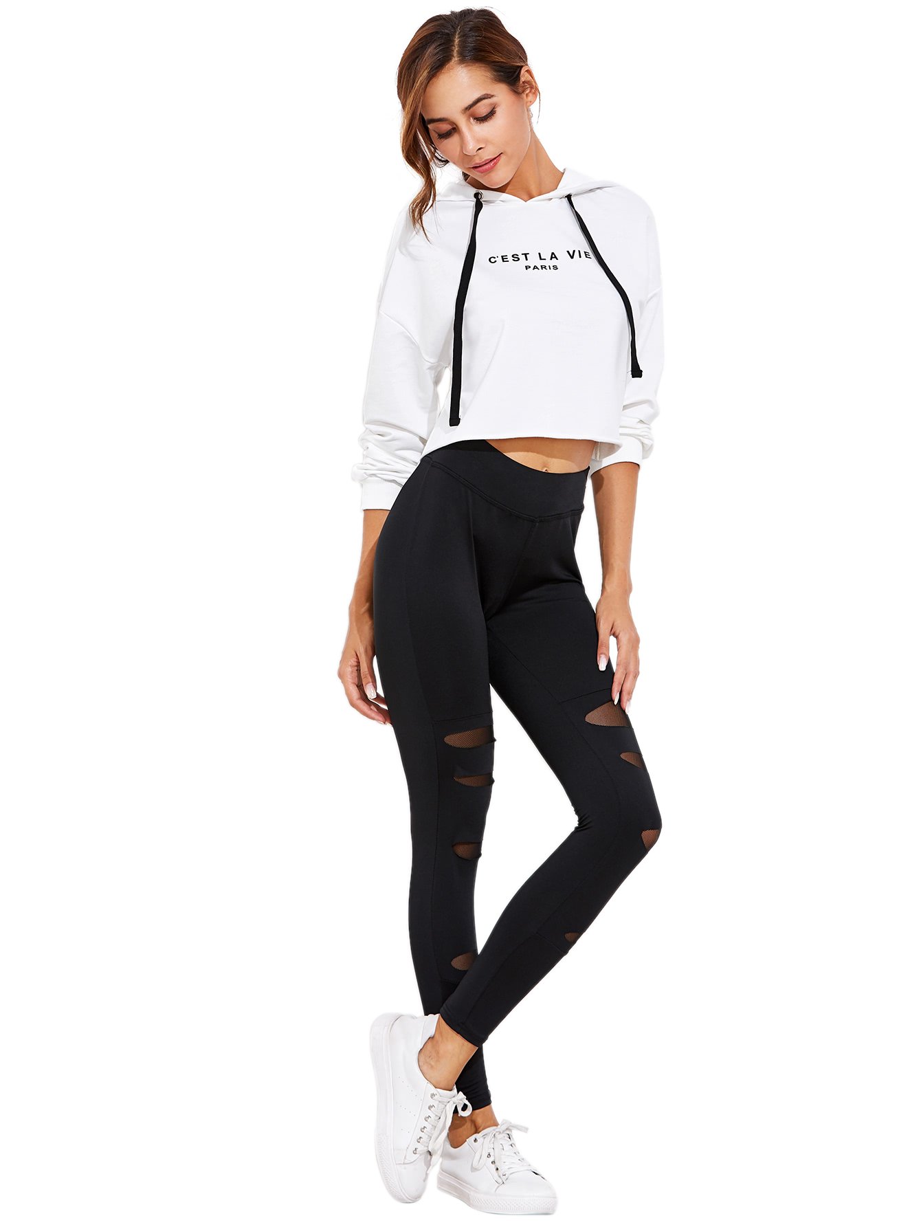 SweatyRocksWomen's High Waisted Knit Mesh Insert Pants Tummy Contro Workout  Athletic Yoga Leggings