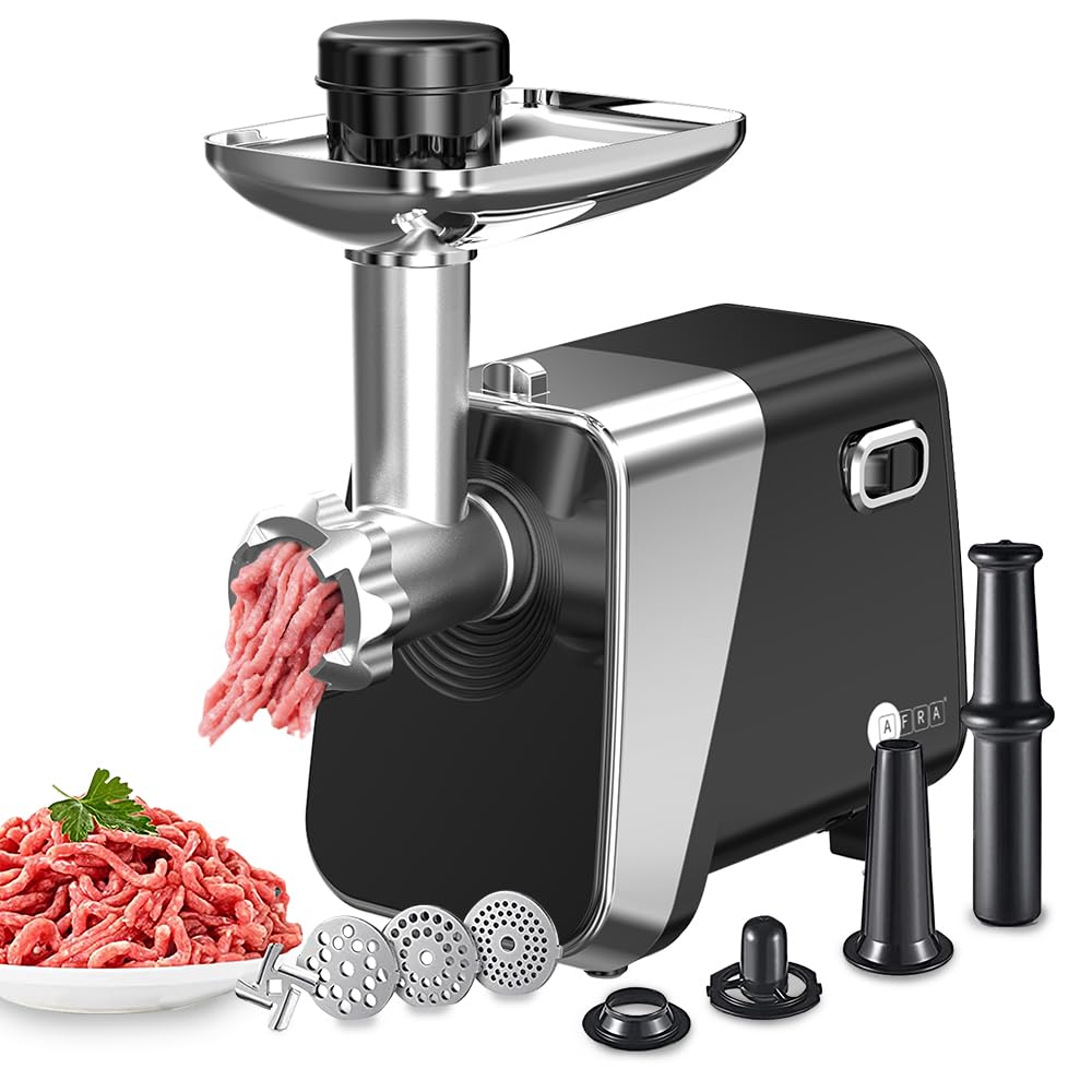 Meat Grinder, 1800w, 2kg Capacity, Aluminum Construction, Stainless Steel Cross Knife, food storage pusher, kibbeh & sausage attachment, AF-1800MGBK, 2 Year Warranty