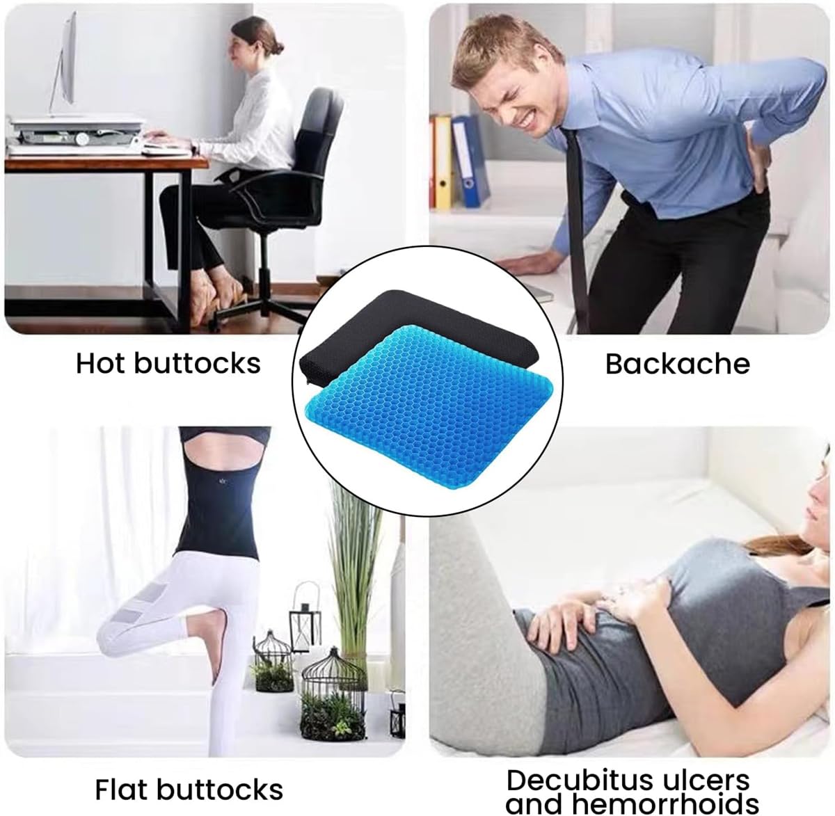 Cojín ortopédico de gel para asiento de nido de abeja – Cojín ergonómico grande y suave con funda para silla de oficina y silla de ruedas – 15.75 x 13.78 pulgadas