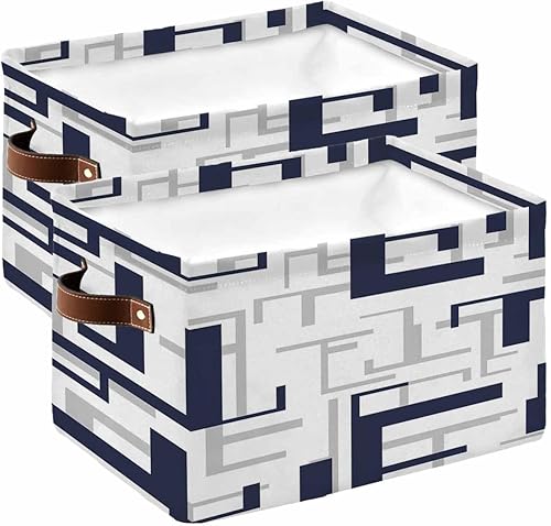 Cesta de almacenamiento azul marino y gris para organizar estantes, cajas de almacenamiento plegables con asa, cesta de lona moderna geométrica