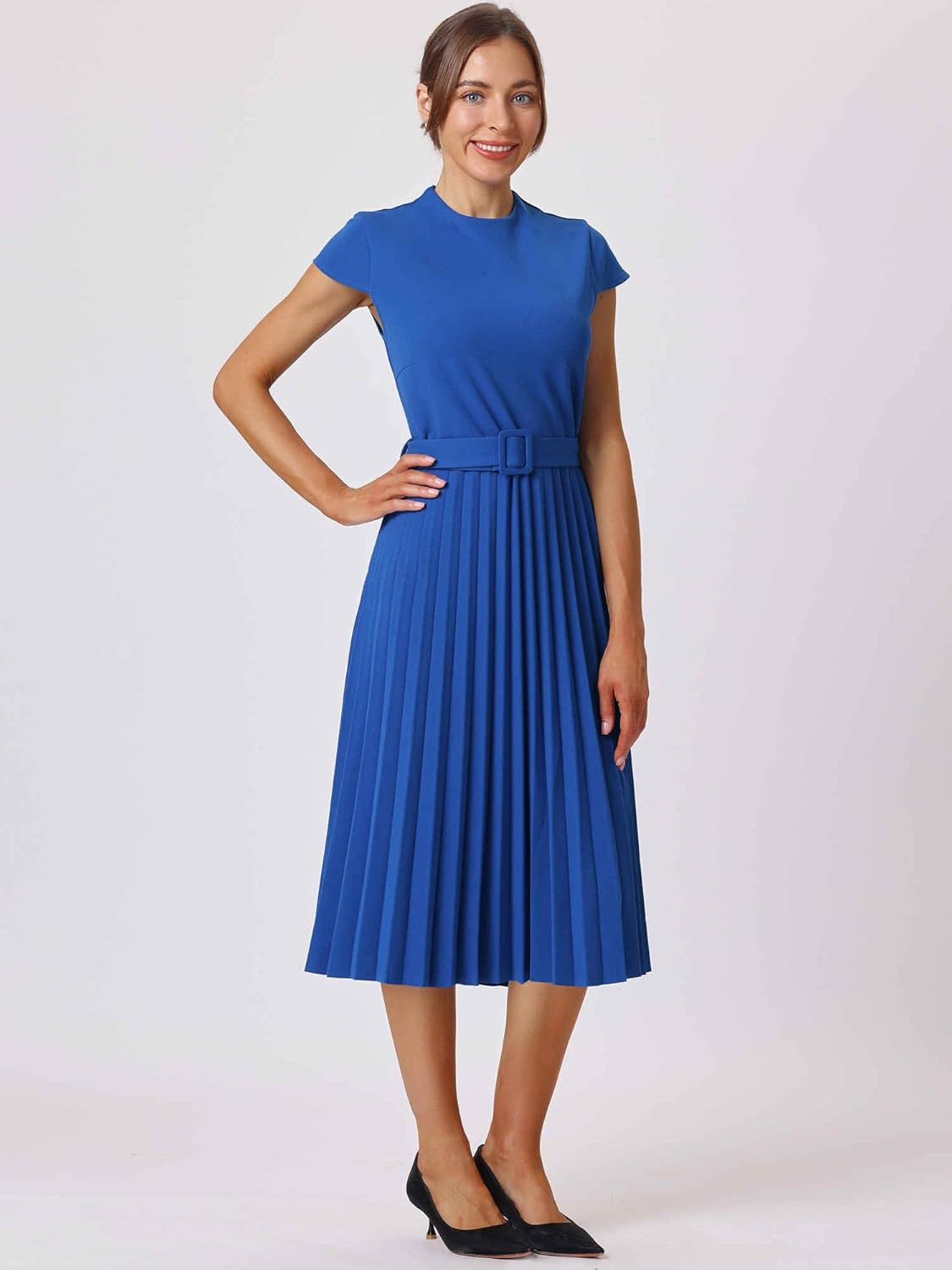Women's Pleated Dress Mock Neck Cap Sleeve Belted A-Line Dresses - Image 3