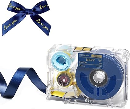 Phomemo A30 P15 Exclusive Embellish Gold Print on Navy Satin Ribbon, Fabric Ribbons for Gift Wrapping, Wedding Bouquets, DIY Crafts, Valentine's Day, Party Decor, 12mm x 5m, 1 Pack