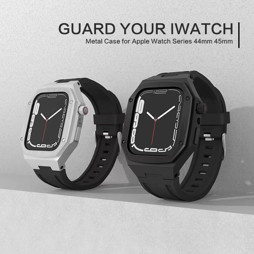 Watch Strap and Watch Case Set，For Apple Watch Band 45mm 44mm Metal Stainless Steel Retrofit one-piece protective Case，For iWatch Series 9 8 7 6 5 SE