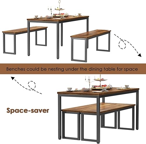 Miniatura 4 de soges Juego de mesa de cocina con 2 bancos, juego de mesa de comedor para 4, mesa de comedor de 3 piezas y bancos largos, juego de mesa de café de