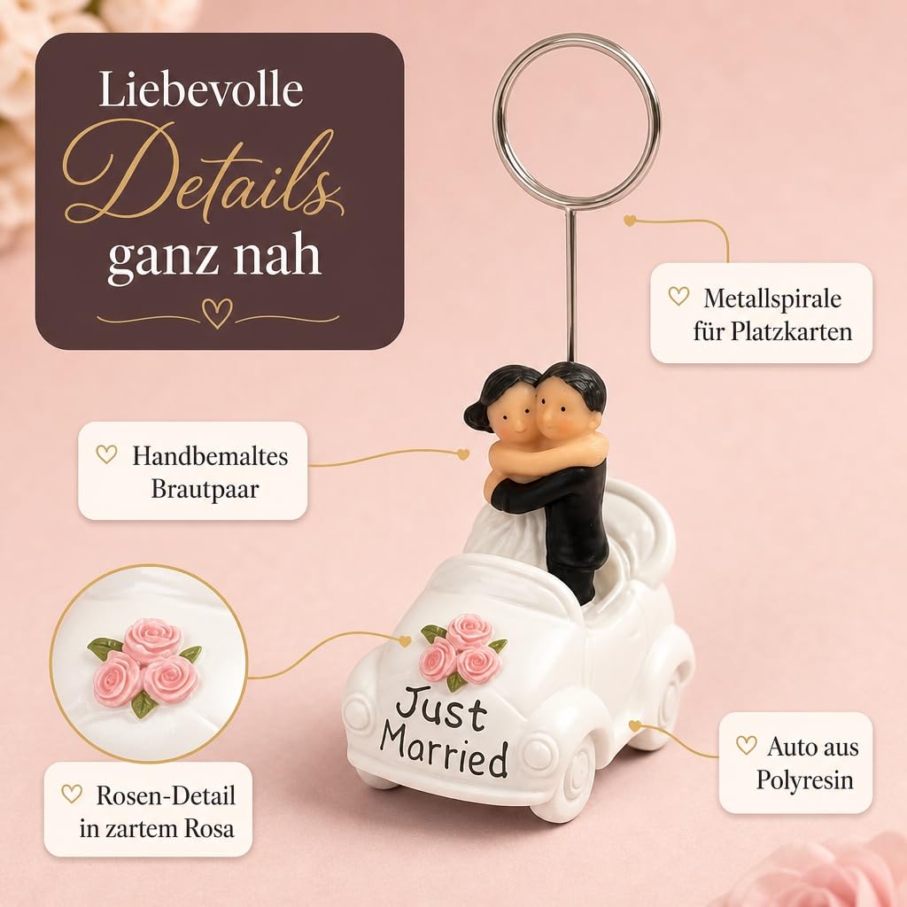 MIJOMA Lot de 12 porte-cartes de table de mariage Just Married Voiture avec couple de mariés – Décoration de table de mariage Porte-cartes de place en polyrésine peinte à la main 8 cm de haut