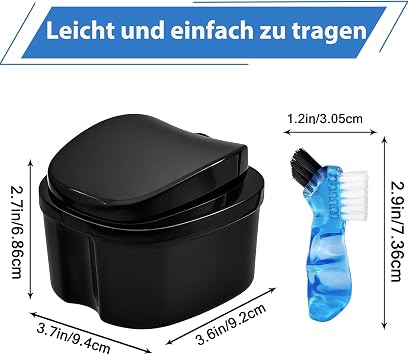 Denture Box Cleaning Set with Denture Brush Denture Box Prosthesis Container with Hanging Strainer Portable Denture Box Braces Box Storage Box (Black)