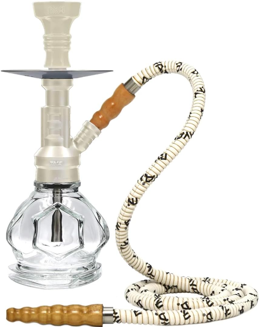 MYA GOLAZO Hookah with Flag Design, White Stem, Glass Base with Wooden Handle Leather Hose and Metal Plate